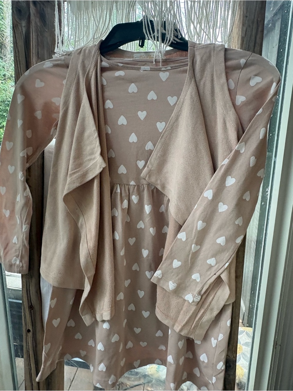 H&M Beige Heart-Print Dress with Matching Open Cardigan